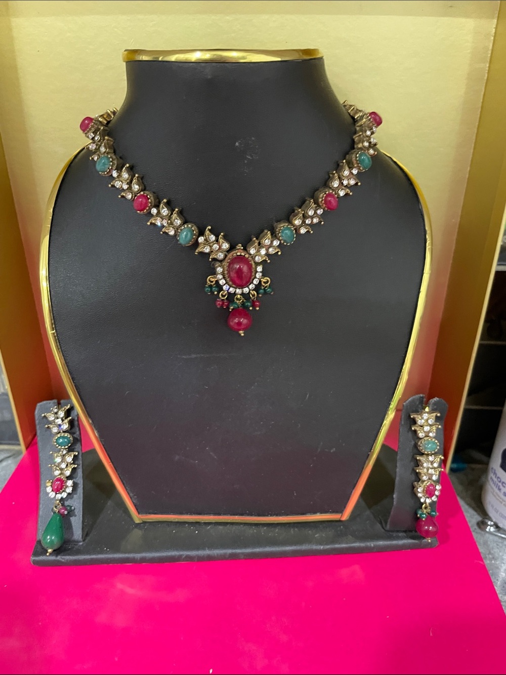 Elegant Multicolor Stone Necklace Set with Ruby and Emerald Accents